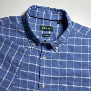 Orvis Classic Fit‎  Performance LINEN Men's L Wicking Button Up Blue Plaid Check
